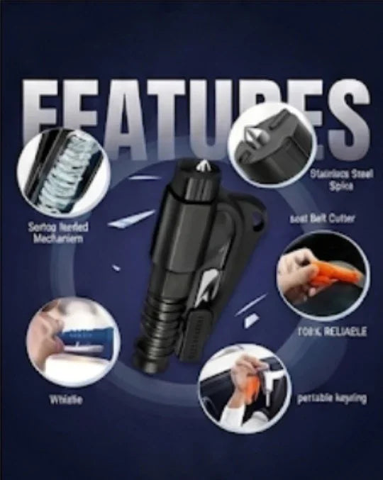 Multi-tool emergency car hammer with seat belt cutter, whistle, and window breaker for roadside safety