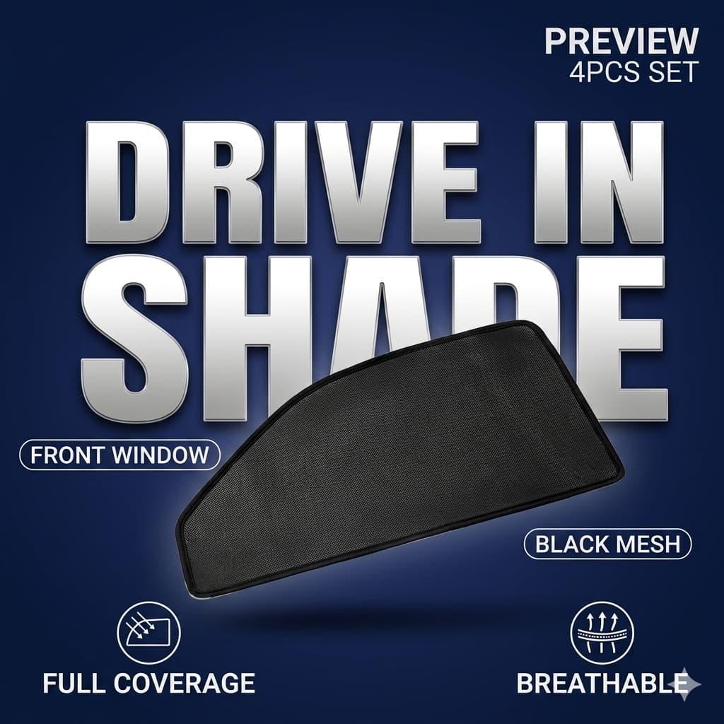 Black mesh front window sunshade for cars, breathable with full coverage, drive in shade