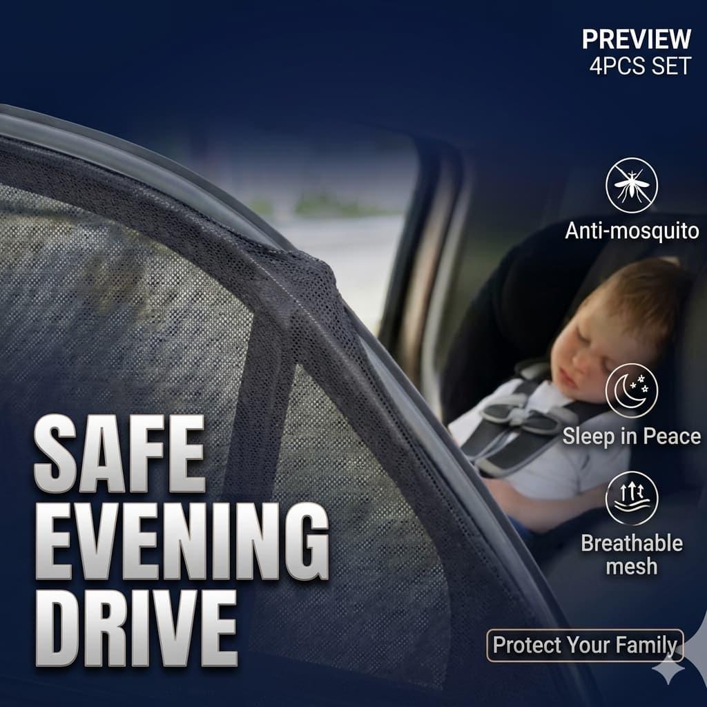 Car window mesh screen protecting sleeping child during safe evening drive, anti-mosquito breathable mesh