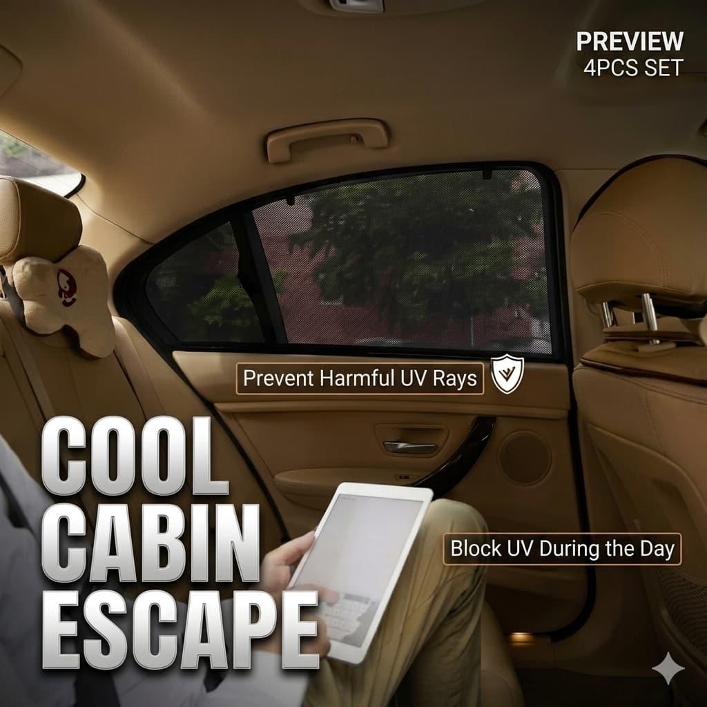 Car window sunshade blocking UV rays for cool cabin comfort, 4-piece set