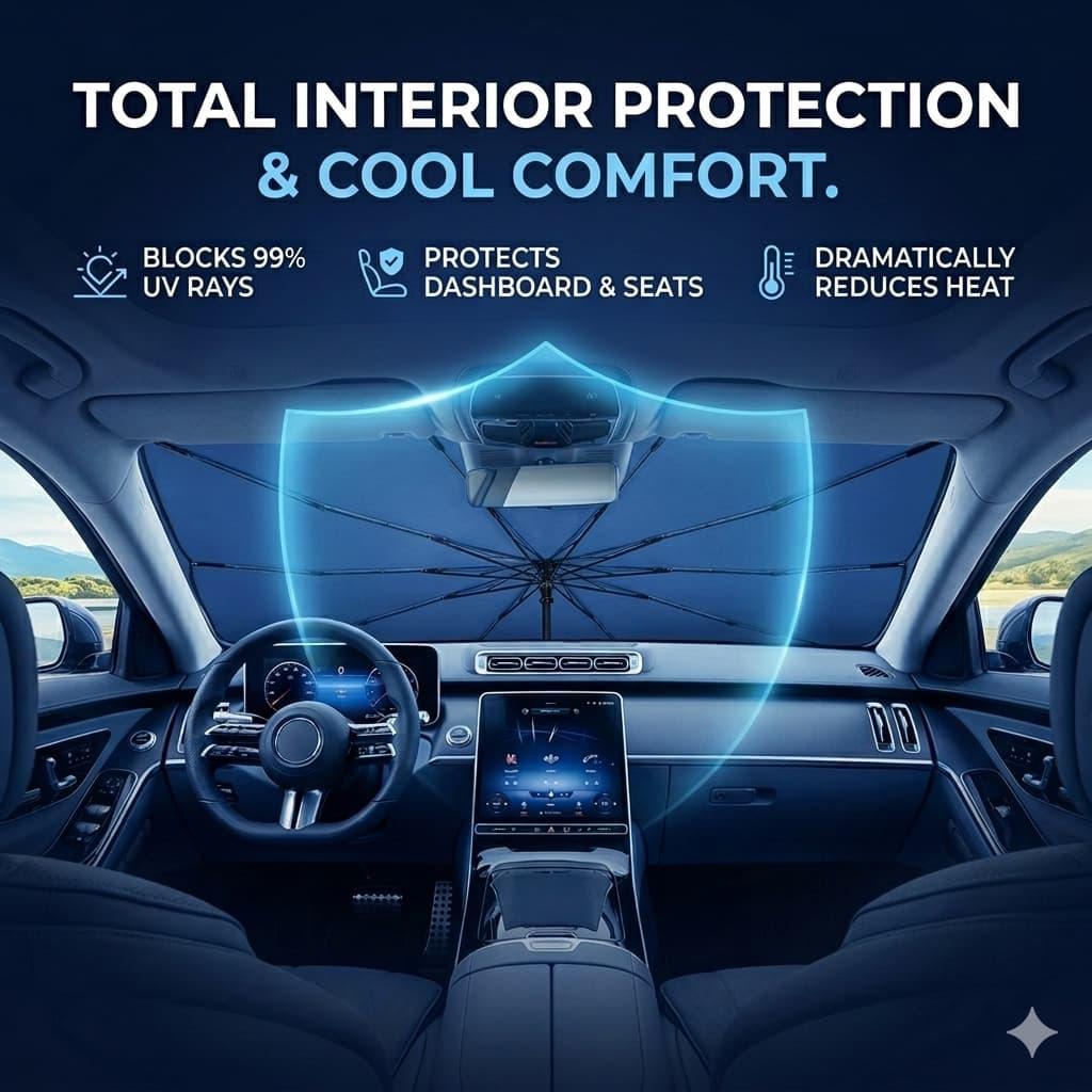 Car sunshade blocks UV rays, protects dashboard & seats, reduces heat for cool interior comfort