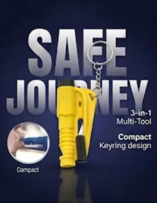 Yellow 3-in-1 multi-tool with keyring, compact design for safe journey